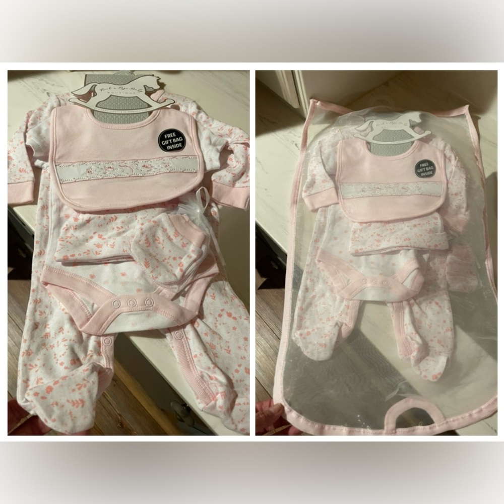 New w/Tags Rock A Bye Baby Boutique 5 Piece Set, Sleeper/Onsie/Bib/Hat/Mittens